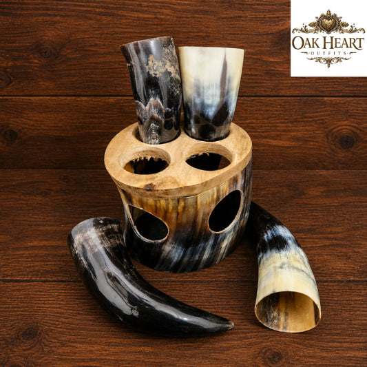 Viking Horn Shot Glass Set with Holder – Natural Handmade Mead Cups