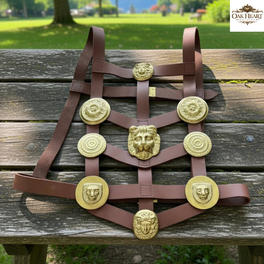 Ancient Roman Phalera Leather Belt with Brass Details