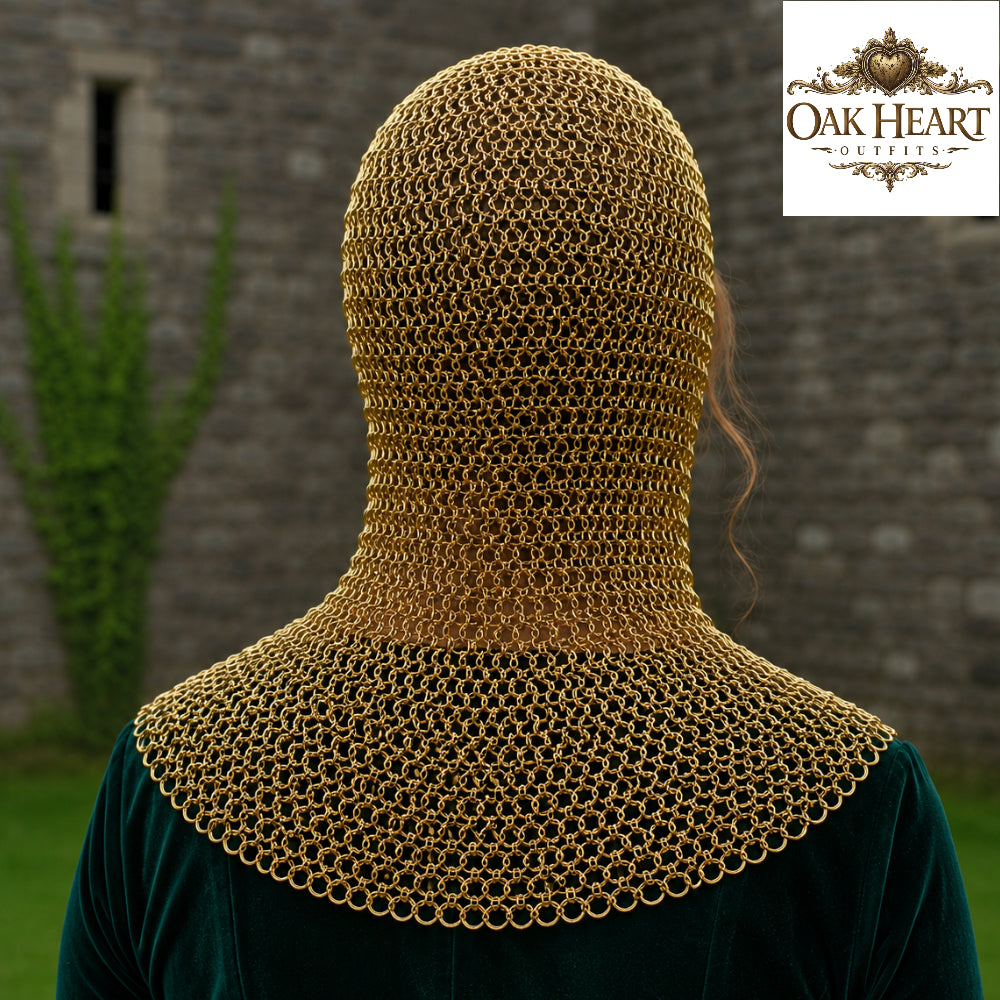 Medieval Brass Chainmail Coif – 9mm Flat Riveted Ring Hood with Washers,