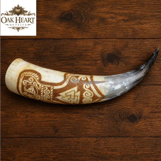Viking Horn Mug – Hand Carved Valknut & Celtic Knot Mead Drinking Horn