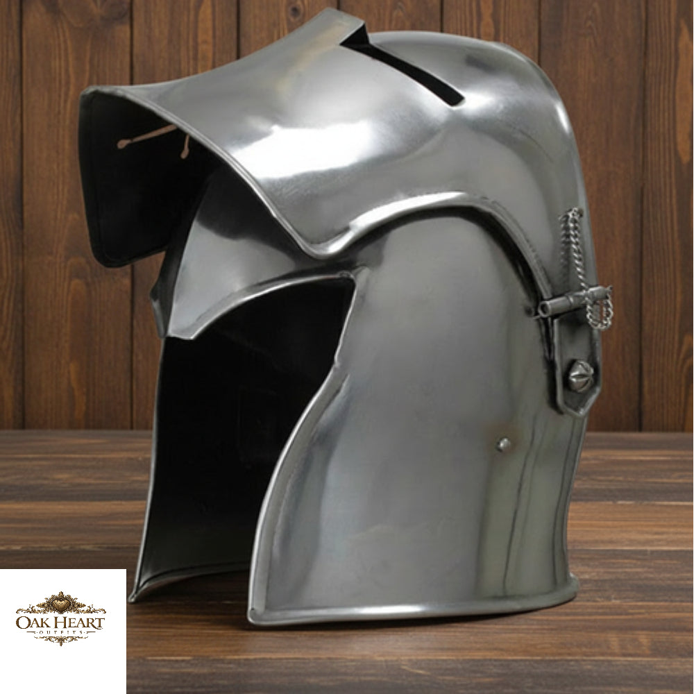 Medieval Barbuta Helmet – Silver Knight Armor Helm with  Wooden Stand
