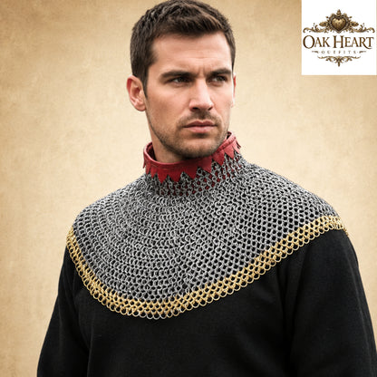 Medieval Chainmail Neck Collar Armor – Flat Riveted & Washer with Brass Accent Rows