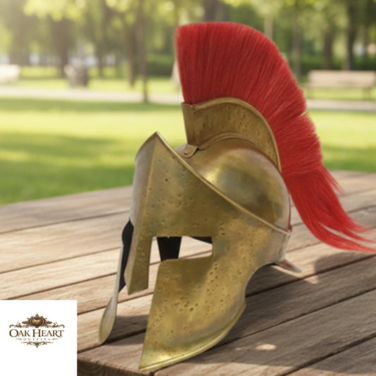 Spartan Helmet with Red Plume – King Leonidas Cosplay Armor, Wooden Stand