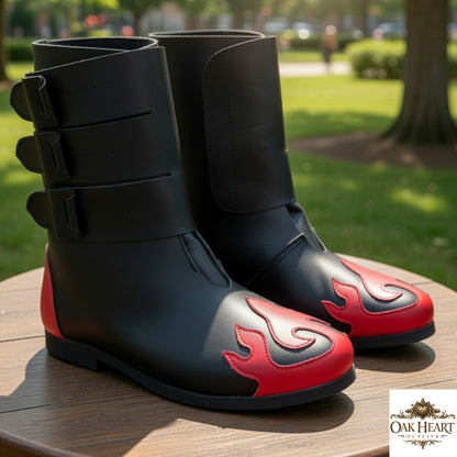 Medieval Black Leather Boots – Red Flame LARP Fantasy Costume Shoes