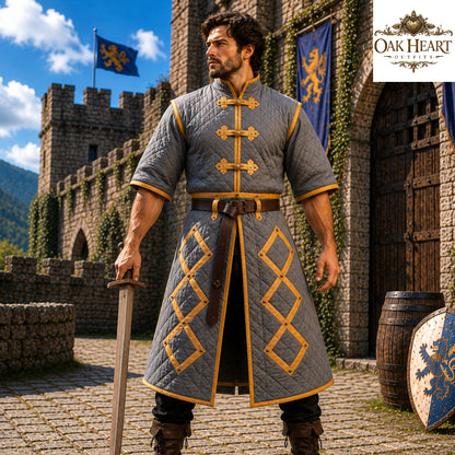 Medieval Cotton Padded Gambeson Jacket Brown Leather Trim | Quilted Armor Coat for LARP, SCA, Ren Faire, Cosplay