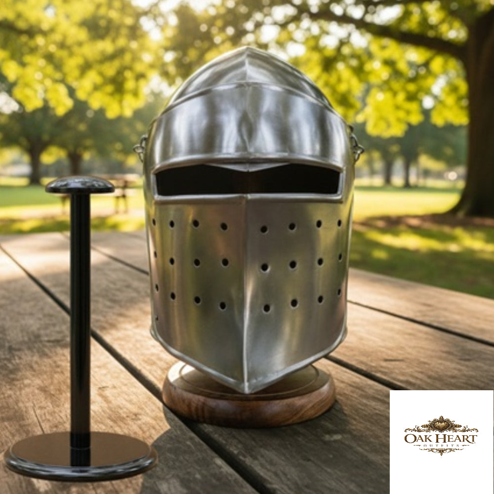 Medieval Knight Armor Barbute Helmet With Wooden Stand