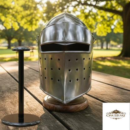 Medieval Knight Armor Barbute Helmet With Wooden Stand