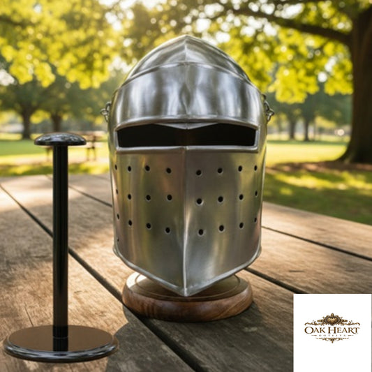 Medieval Knight Armor Barbute Helmet With Wooden Stand