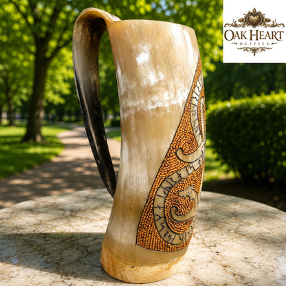 Viking Horn Mug with Handle – Norse Rune Engraved Drinking Horn Tankard