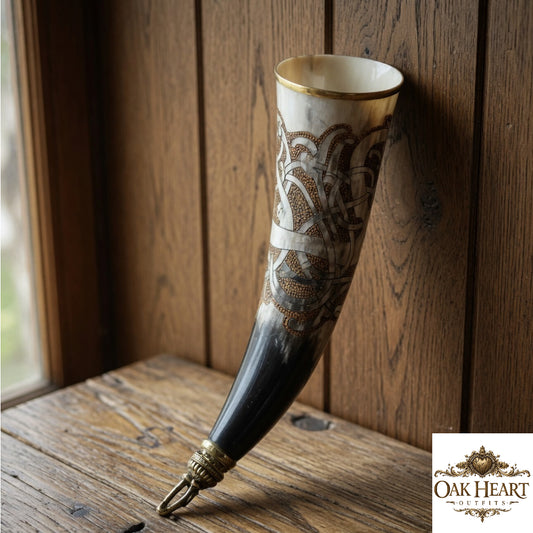 Handcrafted Viking Horn Mug with Brass Tip – Engraved Medieval Drinking Horn for LARP & Gifts