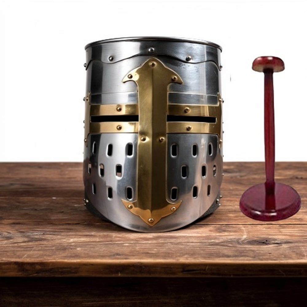 Templar Knight Helmet with Free Wooden Stand – Medieval Armor