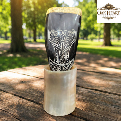 Medieval Viking Drinking Horn – Celtic Knotwork Ale Mug with Stand
