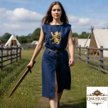 Embroidered Medieval Surcoat – Rampant Lion Heraldry Tunic, Heavy Cotton Knight Costume for LARP
