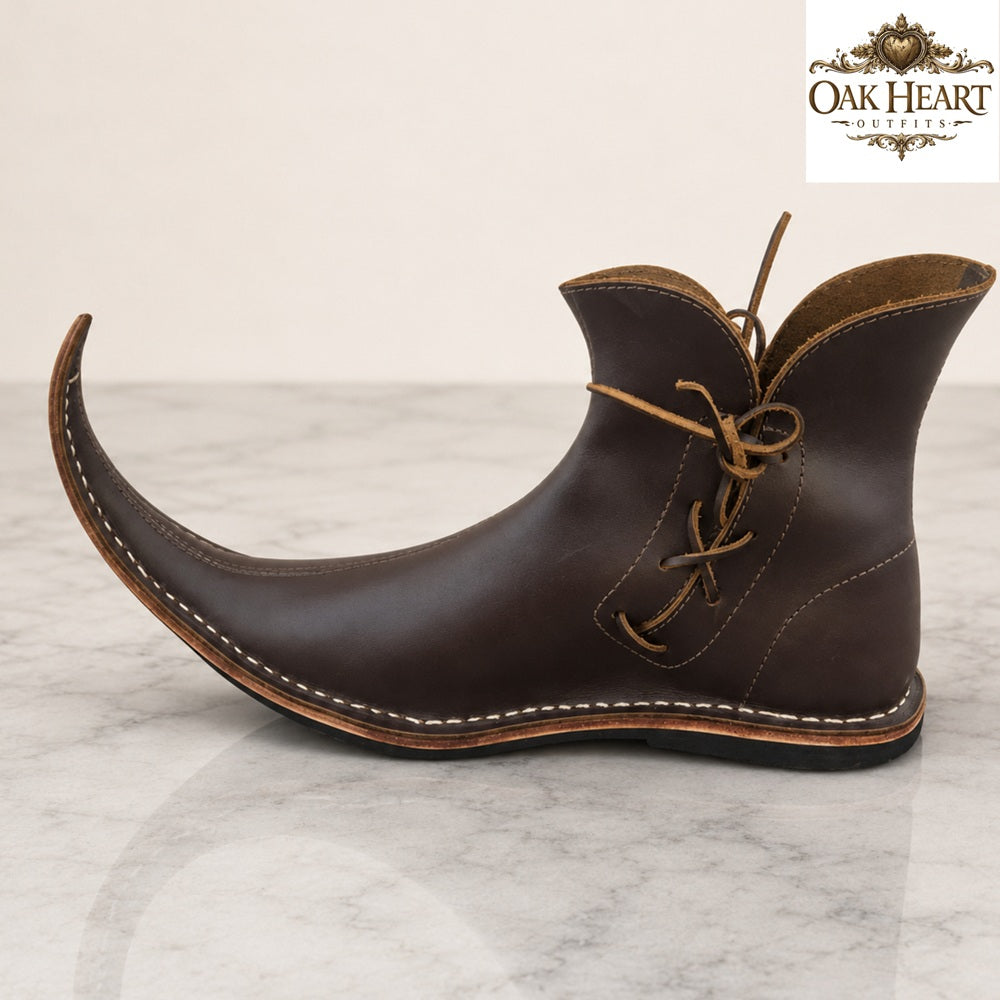 Medieval Curled Toe Leather Boots for Men – Handmade Viking Ankle Shoes, Dark Brown