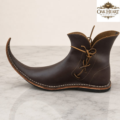 Medieval Curled Toe Leather Boots for Men – Handmade Viking Ankle Shoes, Dark Brown