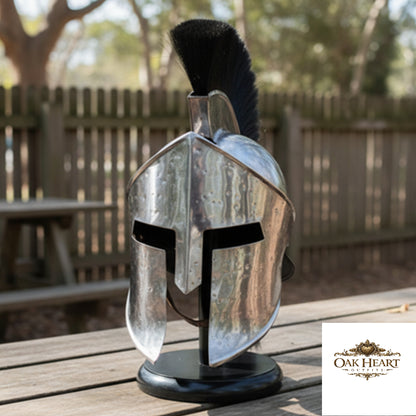 King Leonidas Greek Spartan Helmet with Black Plume, Wooden Stand