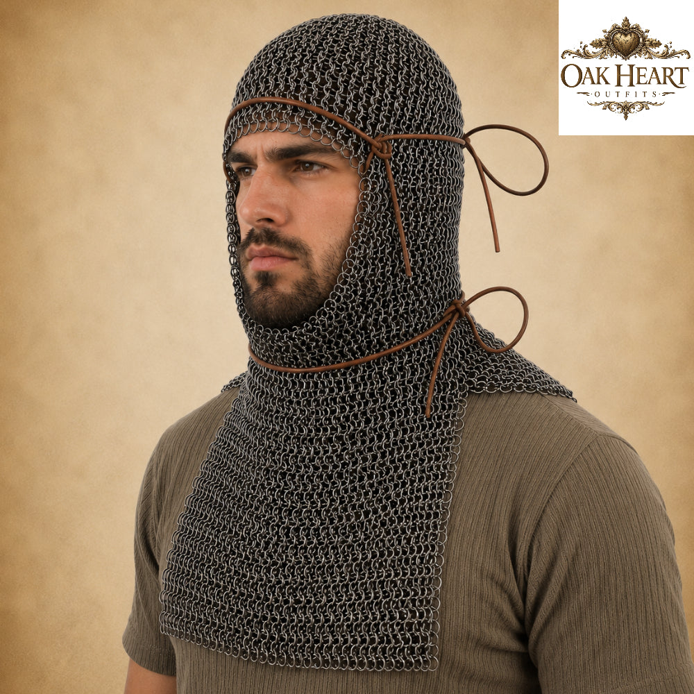 6MM Medieval Chainmail Coif – Riveted Flat Rings with Washers Armor Hood