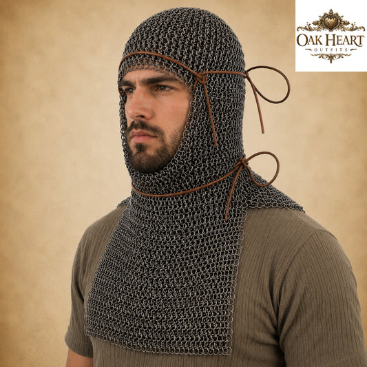 6MM Medieval Chainmail Coif – Riveted Flat Rings with Washers Armor Hood