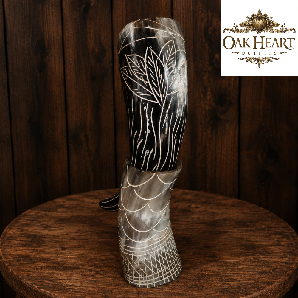 Medieval Drinking Horn with Decorative Stand