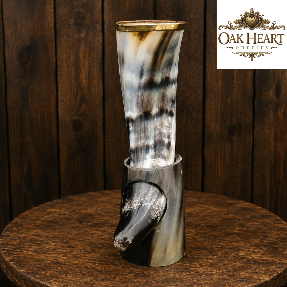Engraved Viking Horn Cup with Holder – Medieval Rustic Barware Gift