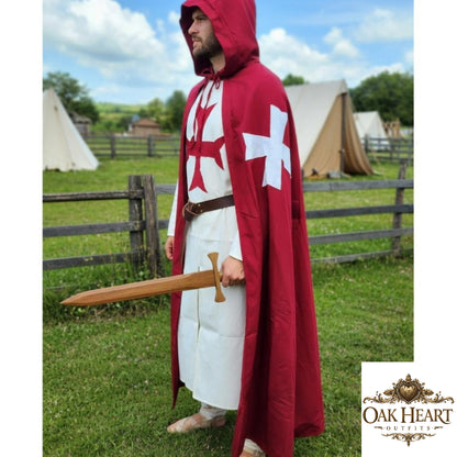 Medieval Knight Templar Cotton Tunic – Hooded Renaissance Costume for Halloween