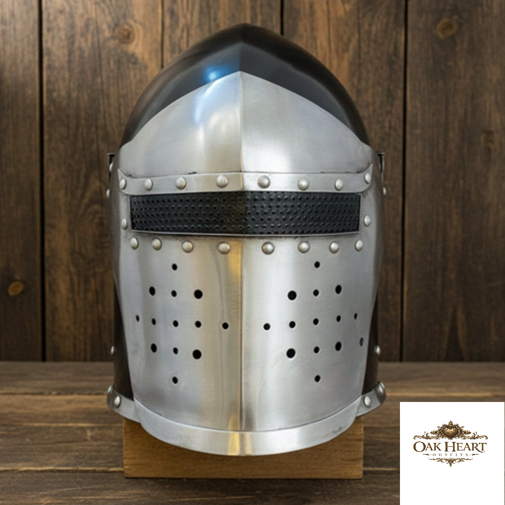 Medieval Barbuta Helmet Armor with Inner Leather Liner,  Wooden Stand