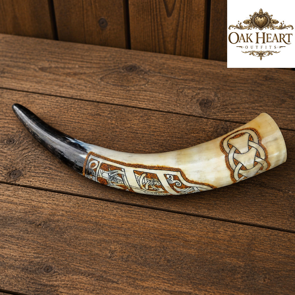 Celtic Engraved Viking Drinking Horn – Handcrafted Natural Horn Mug for LARP & Cosplay