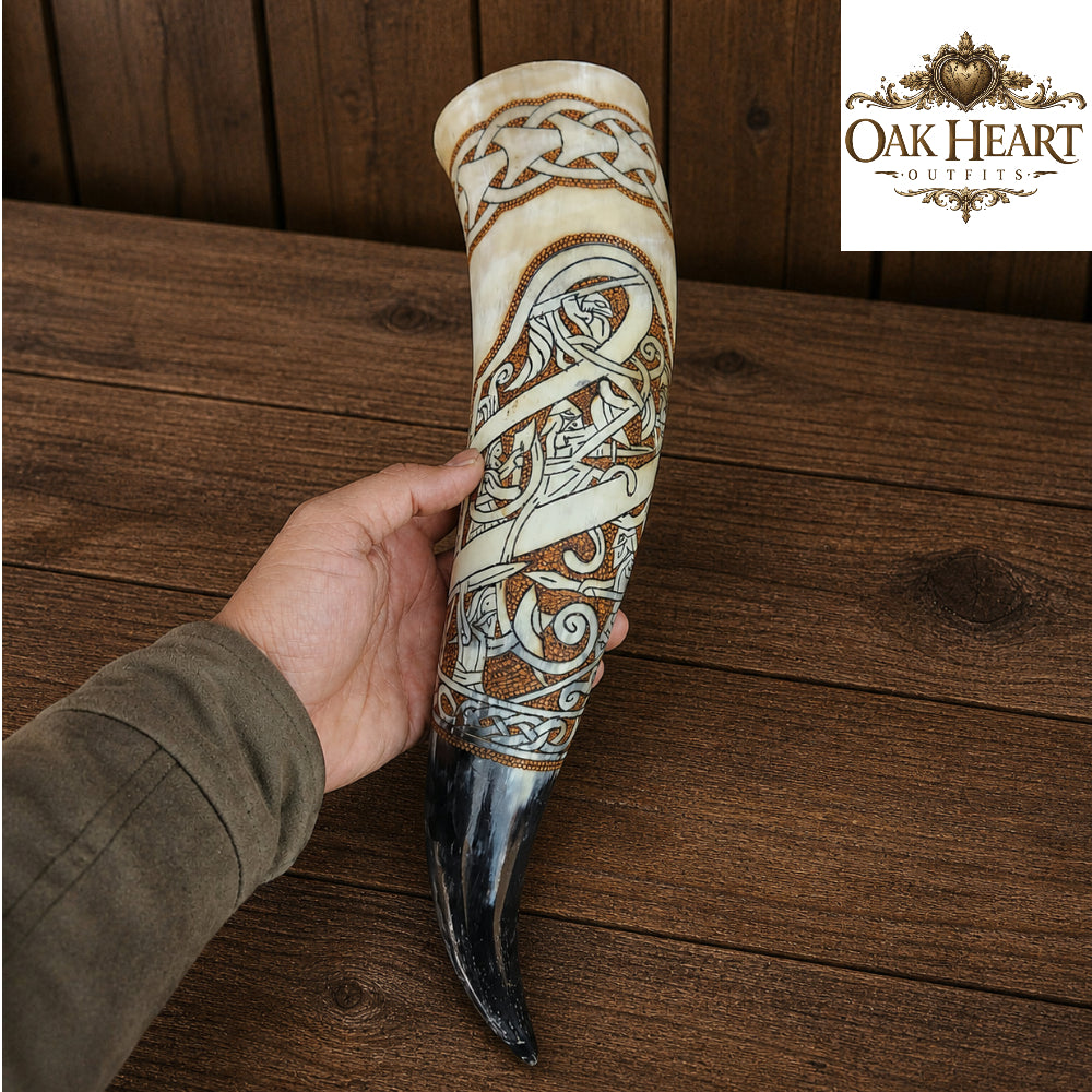 Celtic Engraved Viking Drinking Horn – Handcrafted Natural Horn Mug for LARP & Cosplay