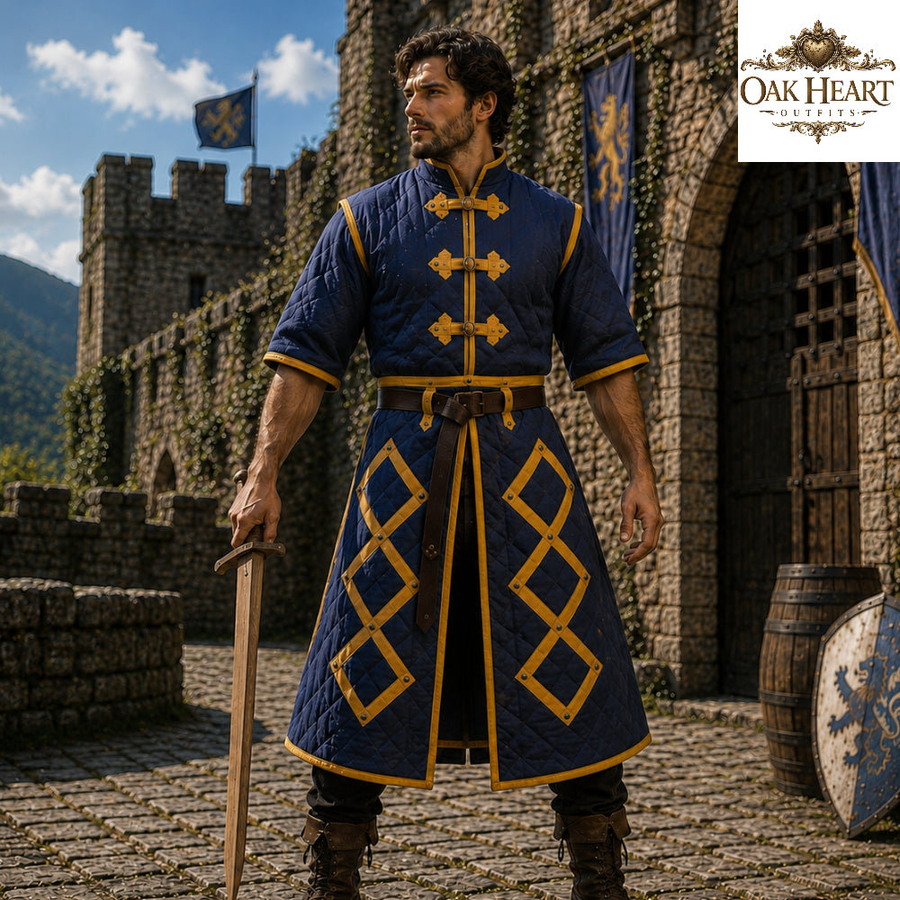 Medieval Cotton Padded Gambeson Jacket Brown Leather Trim | Quilted Armor Coat for LARP, SCA, Ren Faire, Cosplay