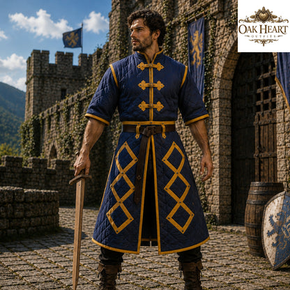 Medieval Cotton Padded Gambeson Jacket Brown Leather Trim | Quilted Armor Coat for LARP, SCA, Ren Faire, Cosplay