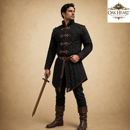 Medieval Gambeson Jacket | Quilted Cotton Aketon with Leather Trim