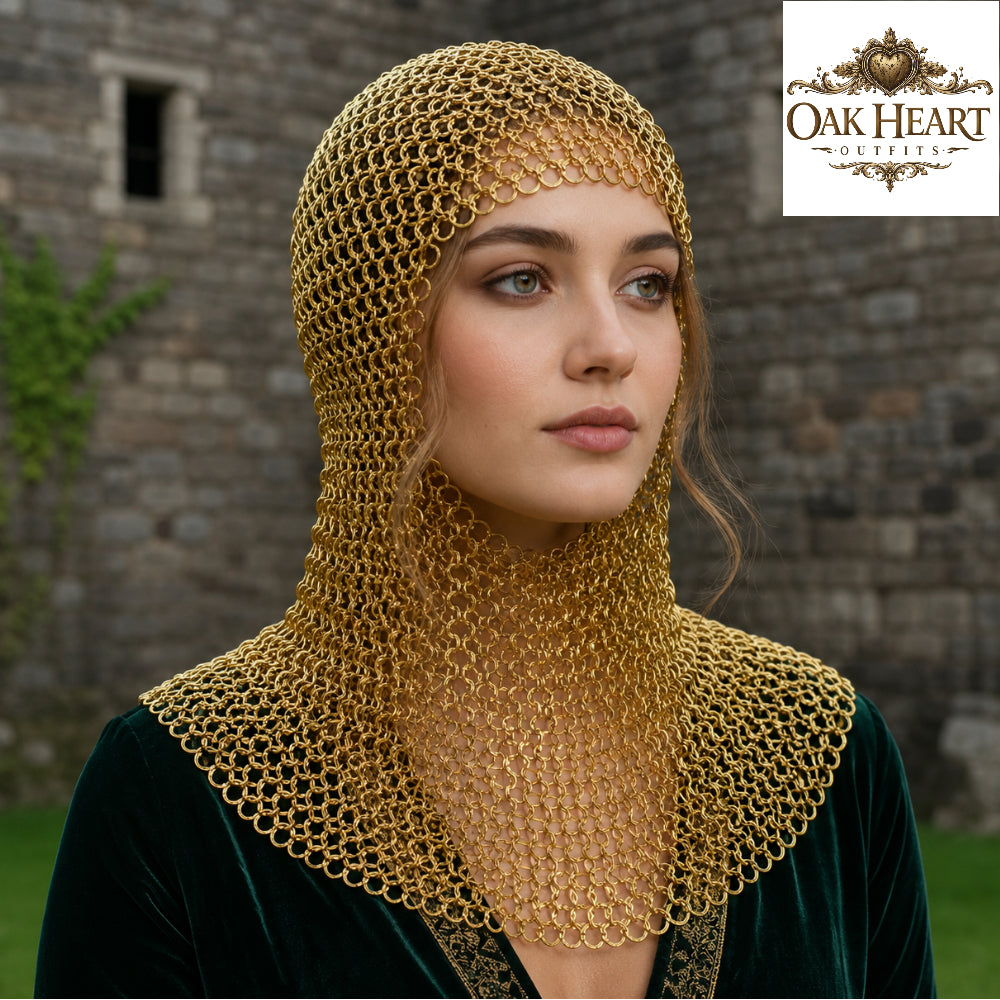 Medieval Brass Chainmail Coif – 9mm Flat Riveted Ring Hood with Washers,