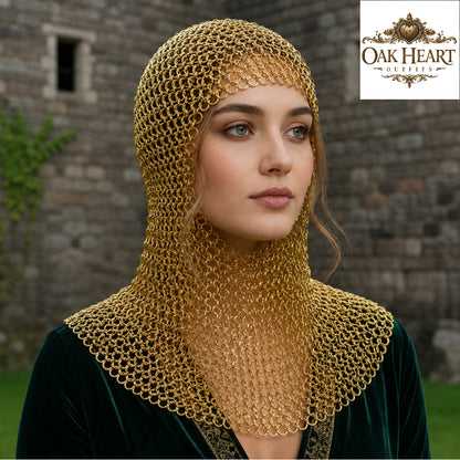 Medieval Brass Chainmail Coif – 9mm Flat Riveted Ring Hood with Washers,
