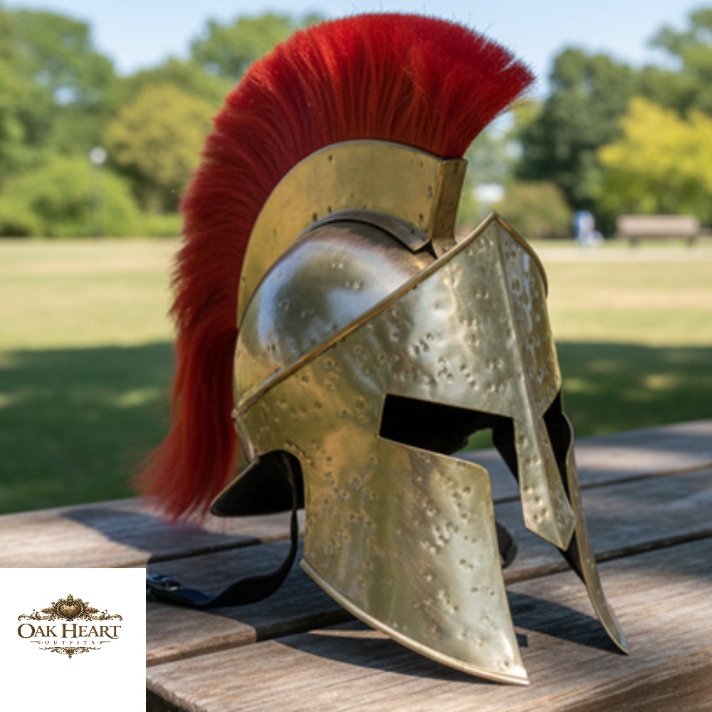 Spartan Helmet with Red Plume – King Leonidas Cosplay Armor, Wooden Stand