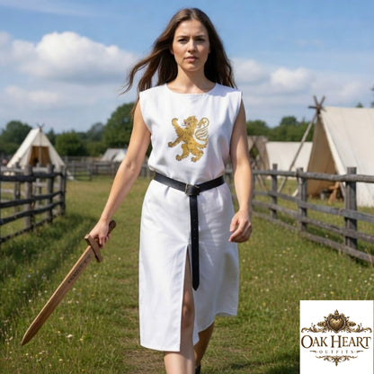 Embroidered Medieval Surcoat – Rampant Lion Heraldry Tunic, Heavy Cotton Knight Costume for LARP