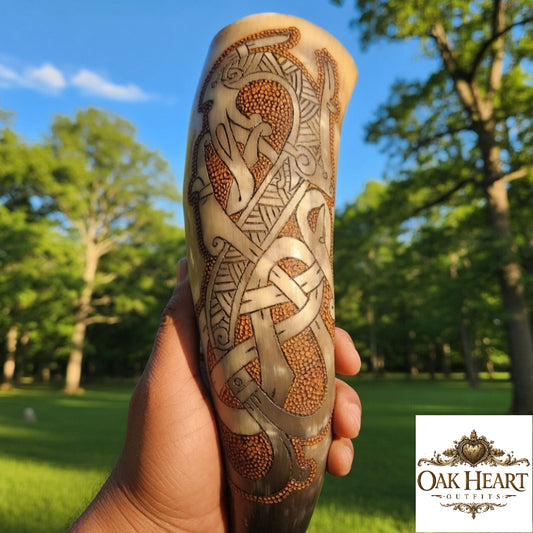 Viking Drinking Horn – Norse Dragon Engraved Handmade Mead Cup