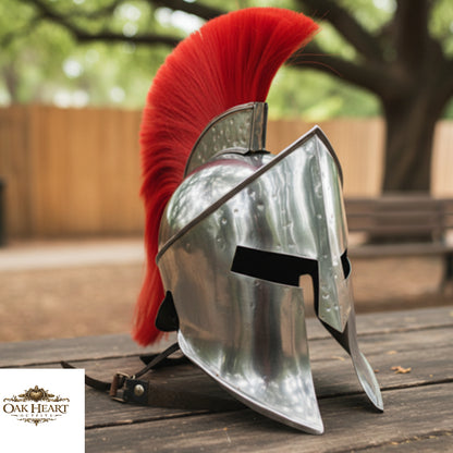 300 King Leonidas Spartan Helmet Greek Warrior with Red Plume & Wooden Stand