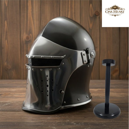 Medieval Barbuta Helmet Armor with Inner Leather Liner,  Wooden Stand