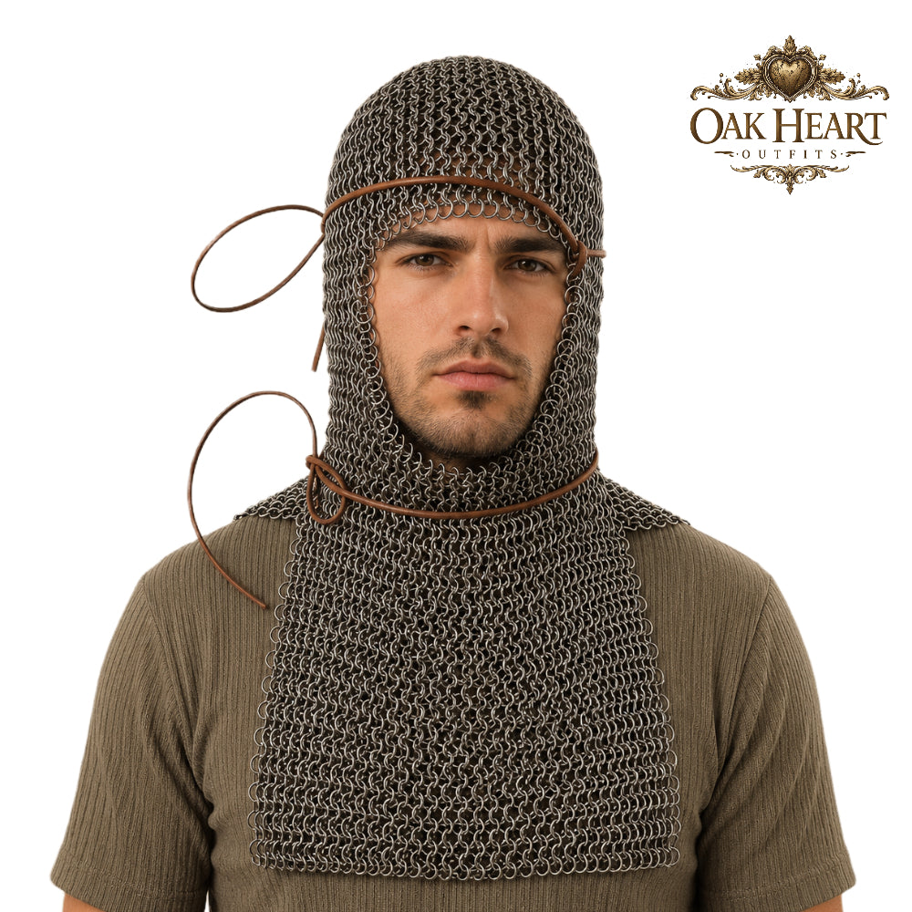 6MM Medieval Chainmail Coif – Riveted Flat Rings with Washers Armor Hood
