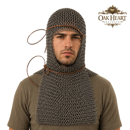 6MM Medieval Chainmail Coif – Riveted Flat Rings with Washers Armor Hood