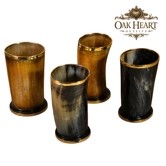 Set of 4 Viking Horn Tumblers | Handmade Medieval Drinking Glasses with Brass Rim