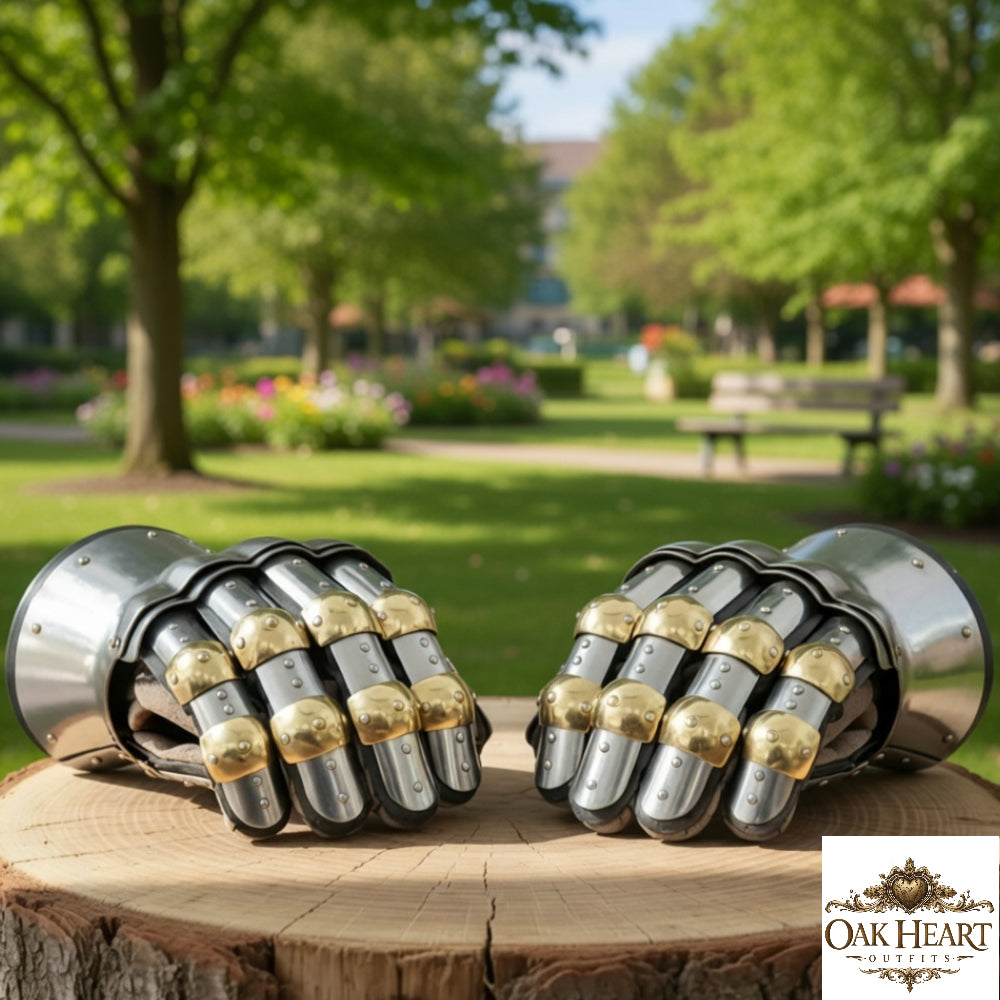 Medieval Churburg Gauntlets, 16 Gauge Steel Knight Gloves with Brass Accents for LARP & Reenactment