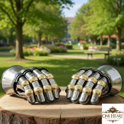 Medieval Churburg Gauntlets, 16 Gauge Steel Knight Gloves with Brass Accents for LARP & Reenactment