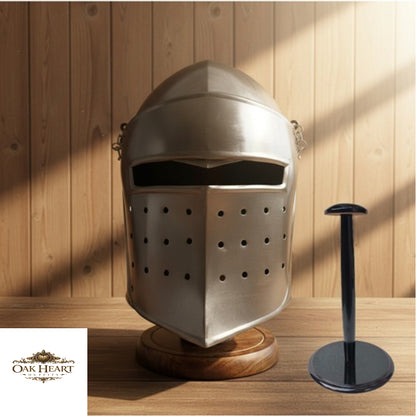 Medieval Knight Armor Barbute Helmet With Wooden Stand
