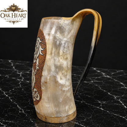 Handcrafted Viking Drinking Horn Mug | Norse Dragon Engraved Horn Cup
