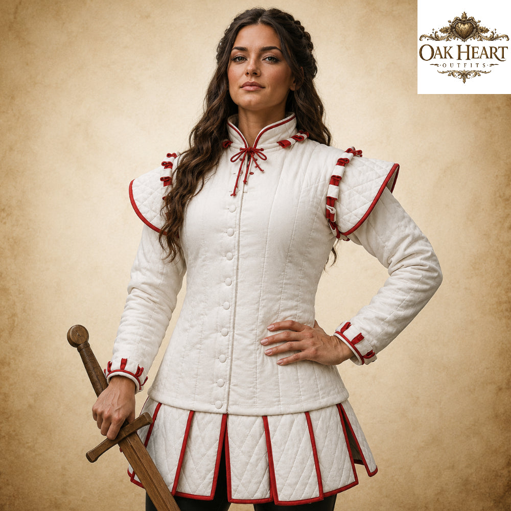 Women's Medieval Gambeson – White Quilted Padded Armor Jacket with Red Trim