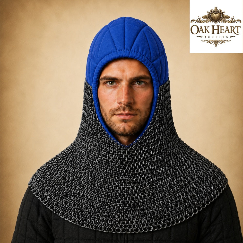 HMB Buhurt Chainmail Coif - Riveted Mild Steel Armor Hood with Padded Arming Cap