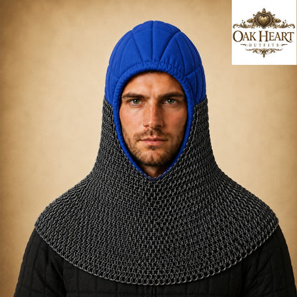 HMB Buhurt Chainmail Coif - Riveted Mild Steel Armor Hood with Padded Arming Cap