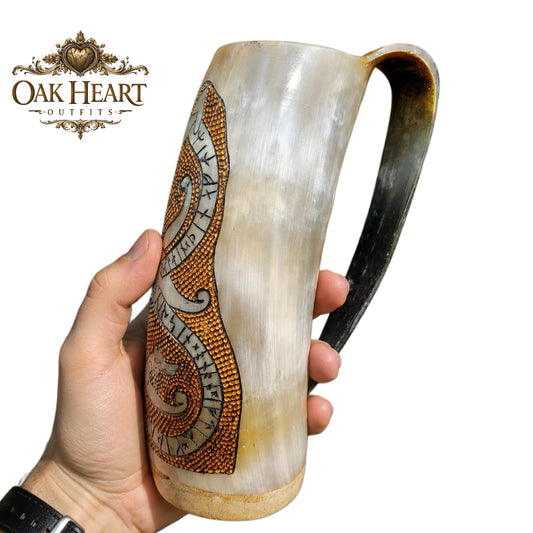 Viking Horn Mug with Handle – Norse Rune Engraved Drinking Horn Tankard
