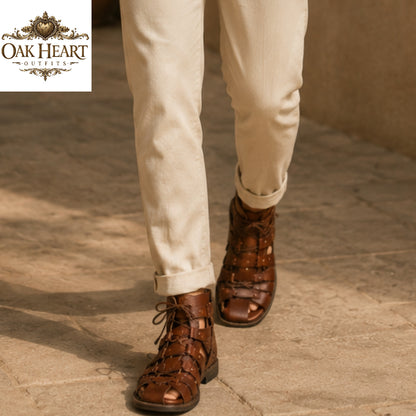 Handcrafted Roman Gladiator Sandals for Men | Brown Leather Lace-Up Caligae Boots